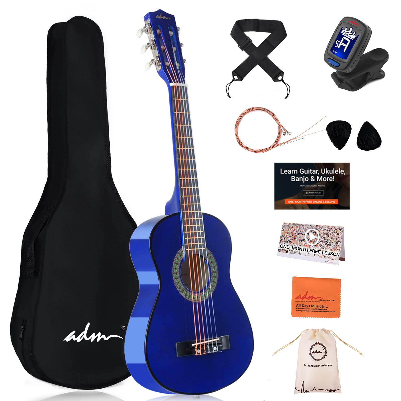 ADM Beginner Acoustic Classical Guitar 30 Inch Nylon Strings Wooden Guitar Bundle Kit for Kid Boy Girl Student Youth Guitarra Online Lessons with Gig Bag, Strap, Tuner, Extra Strings, Picks,Blue