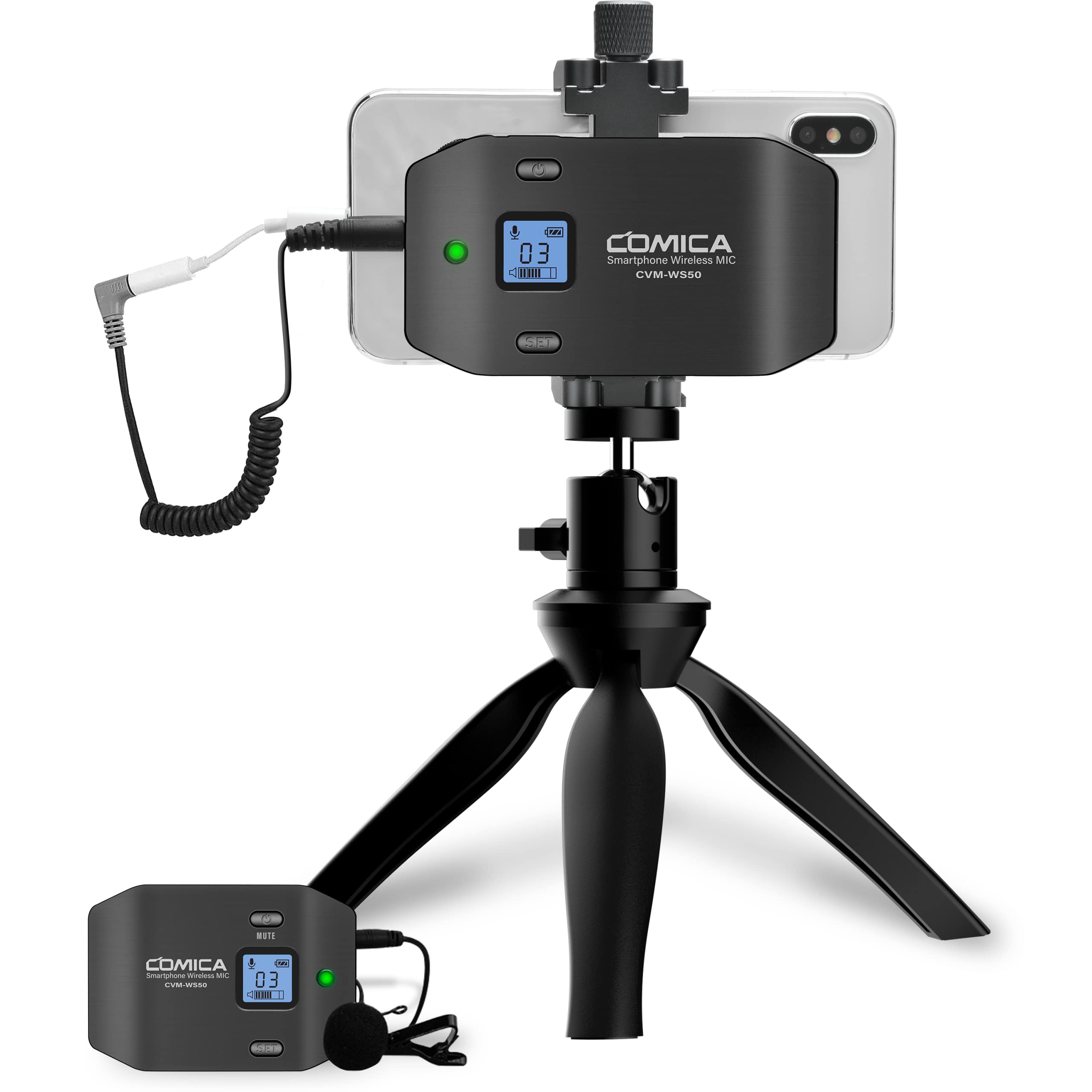 comica CVM-WS50C Wireless Lavalier Microphone for iPhone with Tripod, Real-time Monitor, Wireless Lapel Mic for Android, Video Recording Mic for YouTube TikTok Livestream Vlog.