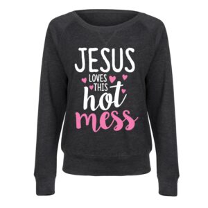 instant message - jesus loves this hot mess-ladies lightweight french terry pullover - size large heather charcoal