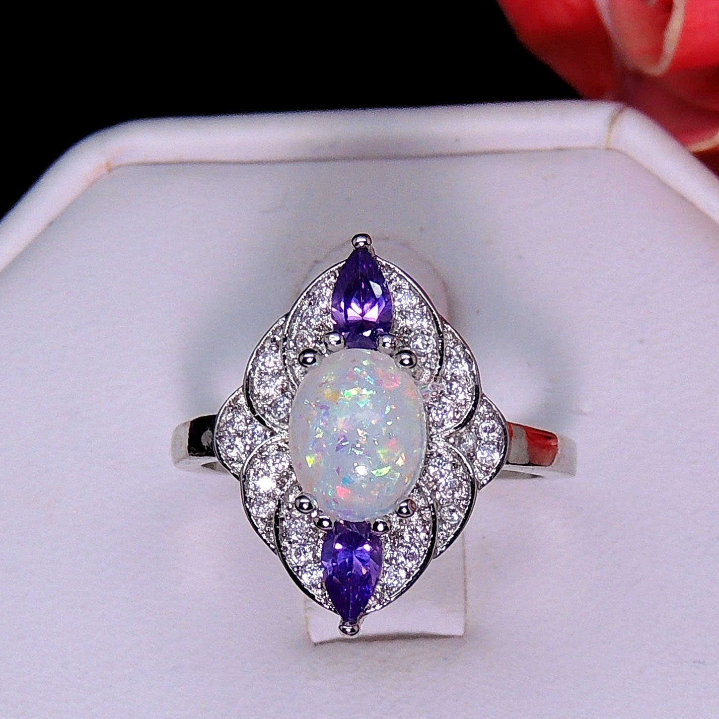 Ginger Lyne Collection Quinn Oval Shape Simulated Fire Opal Purple CZ Ring Size 8