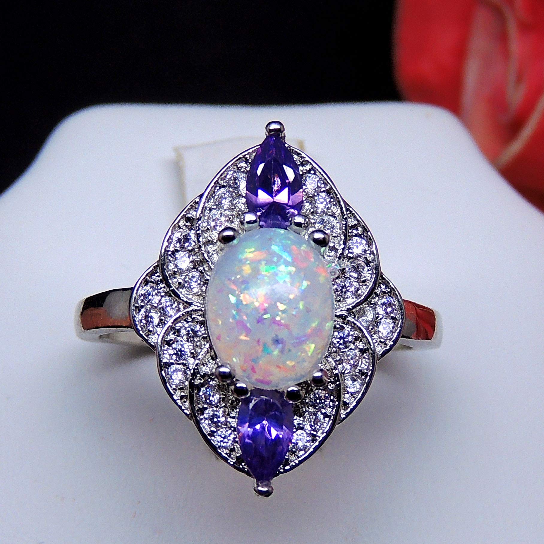 Ginger Lyne Collection Quinn Oval Shape Simulated Fire Opal Purple CZ Ring Size 8