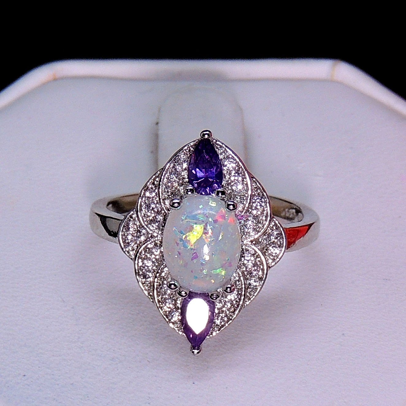 Ginger Lyne Collection Quinn Oval Shape Simulated Fire Opal Purple CZ Ring Size 8