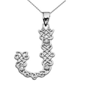 Sterling Silver"J" CZ Initial Celtic Knot Pattern Pendant Necklace, 22"