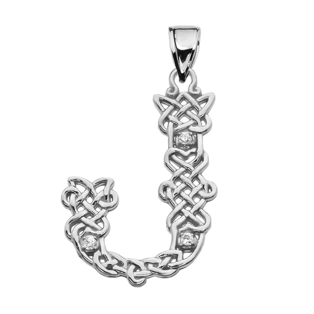 Sterling Silver"J" CZ Initial Celtic Knot Pattern Pendant Necklace, 22"