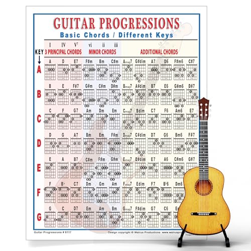 Mini Guitar Chord Chart Poster - Laminated Guitar Progressions Chord Poster for Beginners and Musicians - Guitar Chord Trainer - Acoustic Guitar Accessories - 8.5" x 11" - Walrus Productions