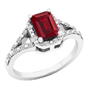 Dazzlingrock Collection 7x5mm Emerald Shape Lab Created Ruby & White Diamond Split Shank Engagement Ring for Women in 925 Sterling Silver Size 7