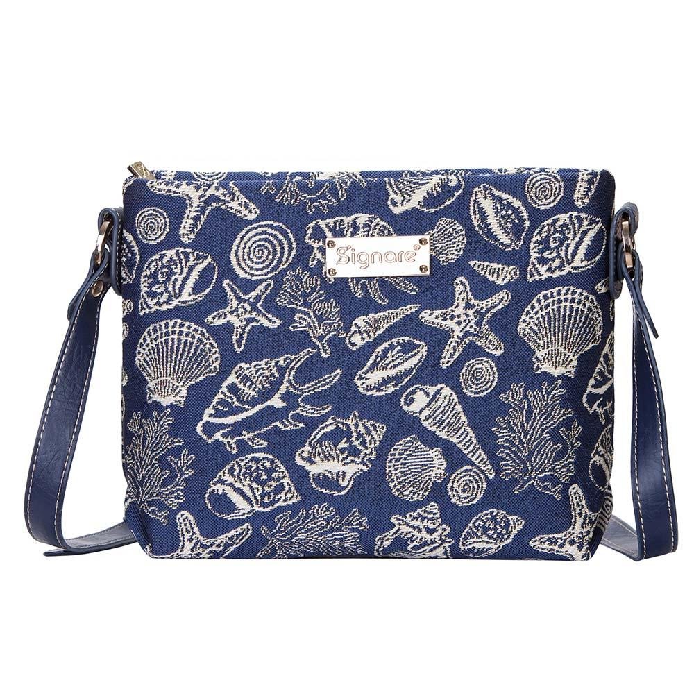 Signare Tapestry Crossbody Bag Shoulder Purse for Women In Blue Sea Shell Design (XB02-SHELL)