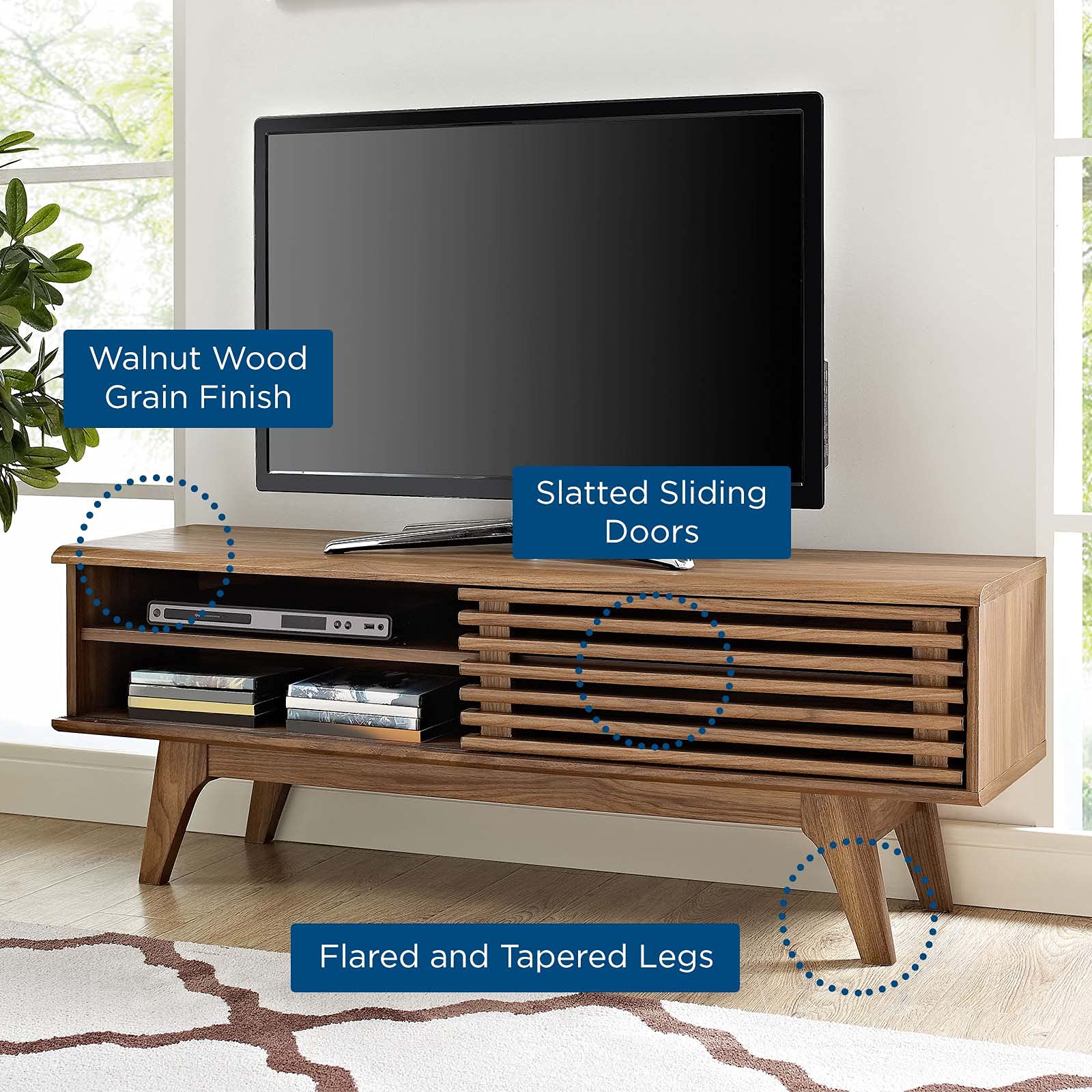 Modway Render 48" Mid-Century Modern Low Profile Media Console TV Stand, 48 Inch, Walnut