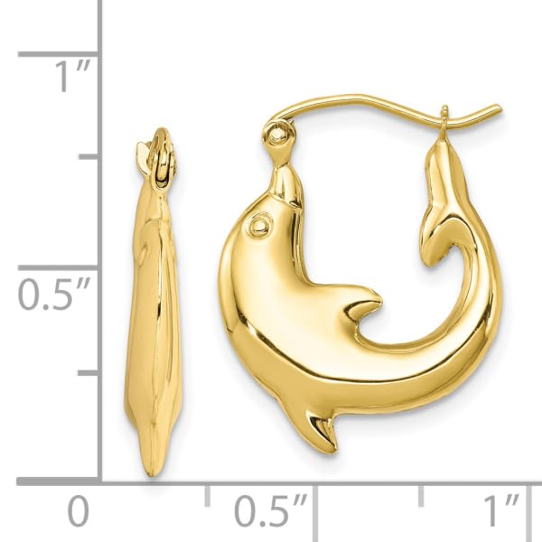 10K Yellow Gold Sea Dolphin Ocean Fish Beach Nautical Hoop Earrings