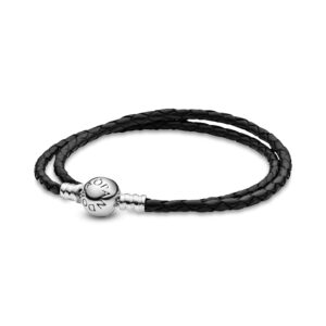 pandora jewelry black leather charm sterling silver bracelet, 16.1", no box