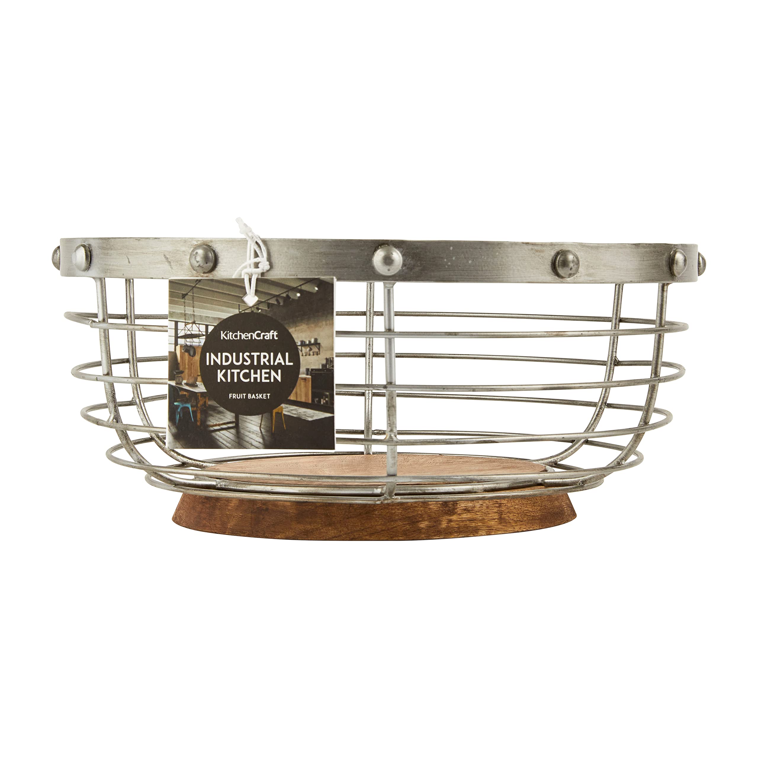 KitchenCraft Industrial Kitchen Vintage-Style Metal/Wooden Fruit Bowl, 28 x 12 cm (11" x 5") - Grey