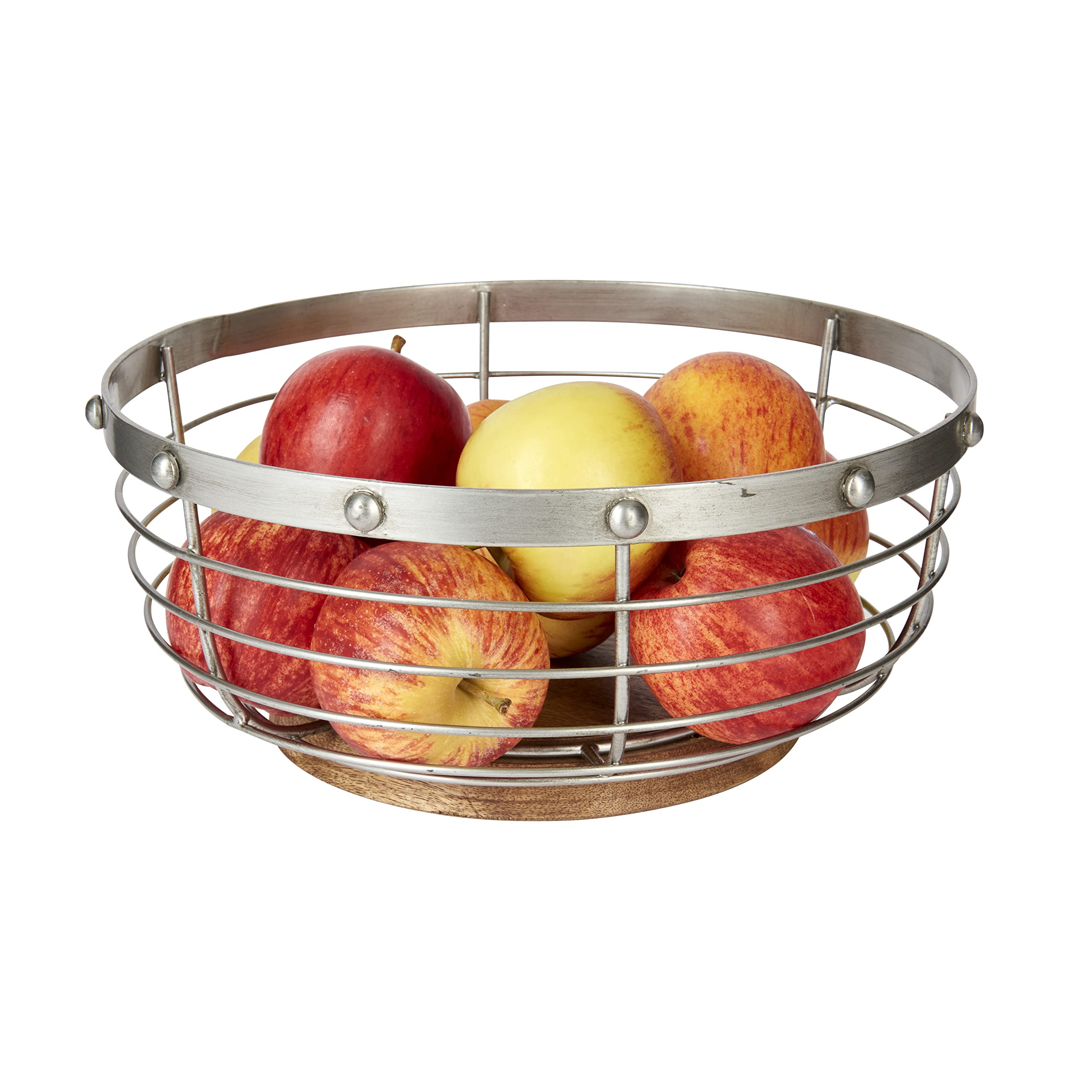 KitchenCraft Industrial Kitchen Vintage-Style Metal/Wooden Fruit Bowl, 28 x 12 cm (11" x 5") - Grey