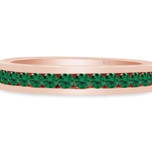 AFFY Round Shape Simulated Green Emerald Full Eternity Band Ring in 14K Rose Gold Over Sterling Silver, Ring Size: 7.5