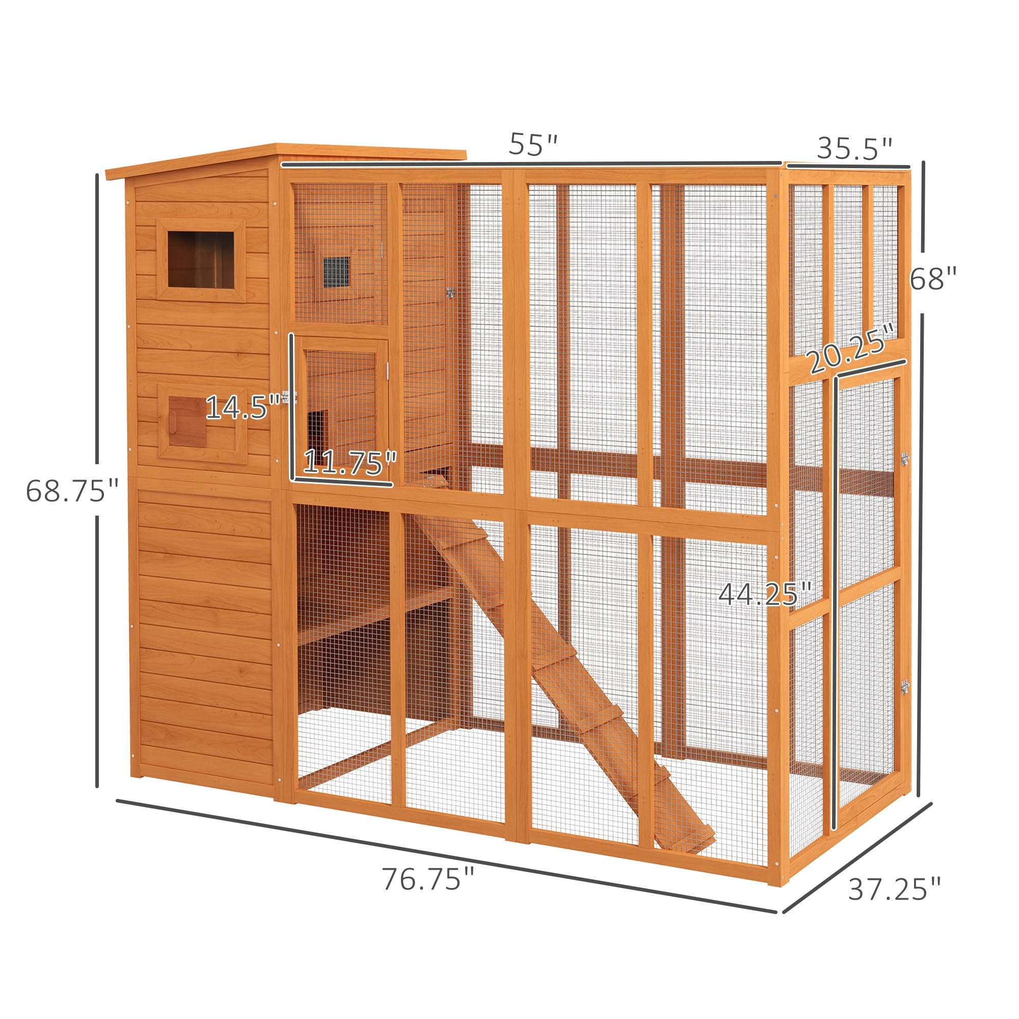 PawHut Outdoor Catio, Cat House Wooden Feral Cat Shelter, Cat Cage with Platforms, Waterproof Asphalt Roof, Ramps, 77" L, Natural