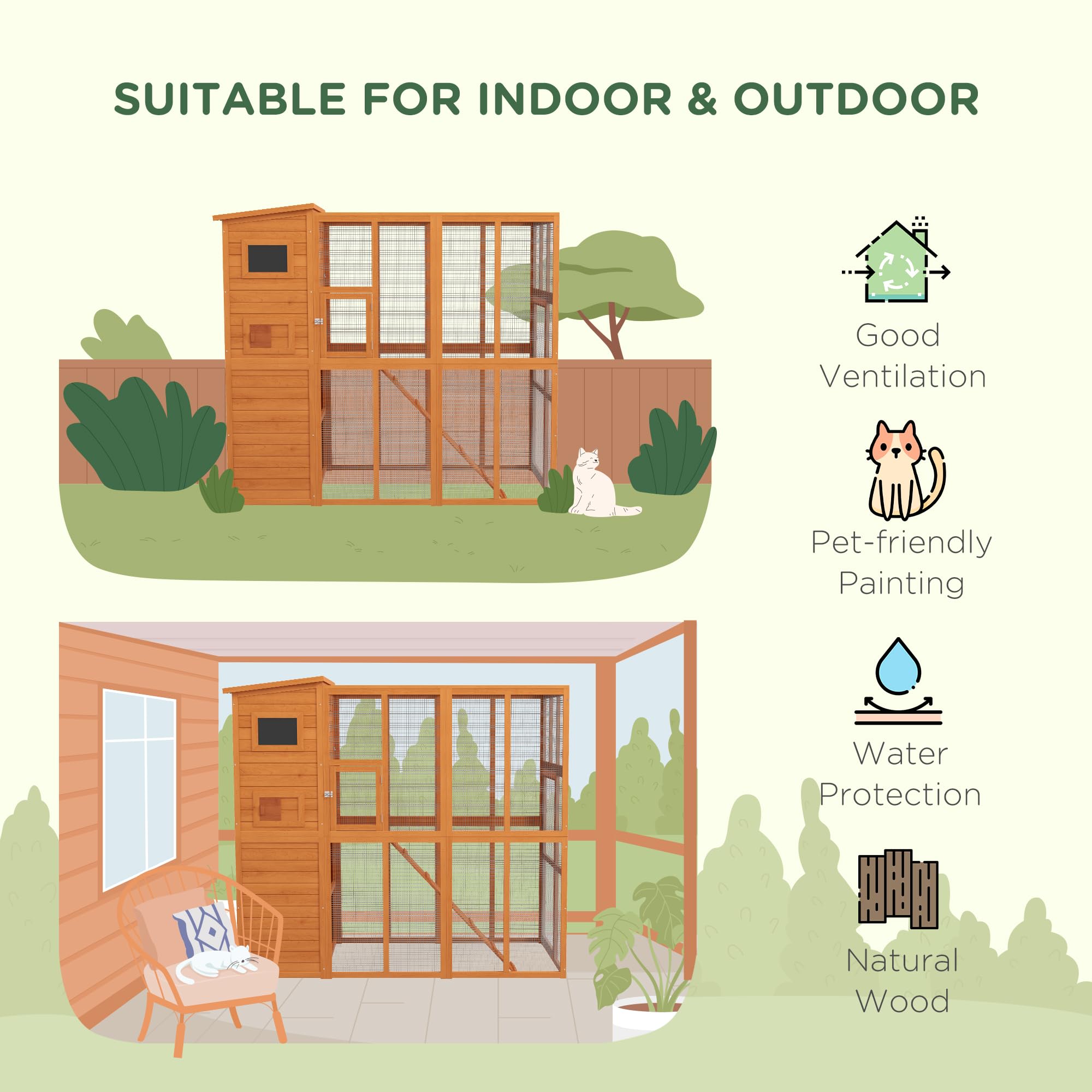 PawHut Outdoor Catio, Cat House Wooden Feral Cat Shelter, Cat Cage with Platforms, Waterproof Asphalt Roof, Ramps, 77" L, Natural