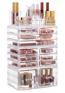 hblife acrylic clear dustproof makeup storage organizer drawers large skin care cosmetic display cases for bathroom stackable storage box with 12 drawers for vanity (clear)