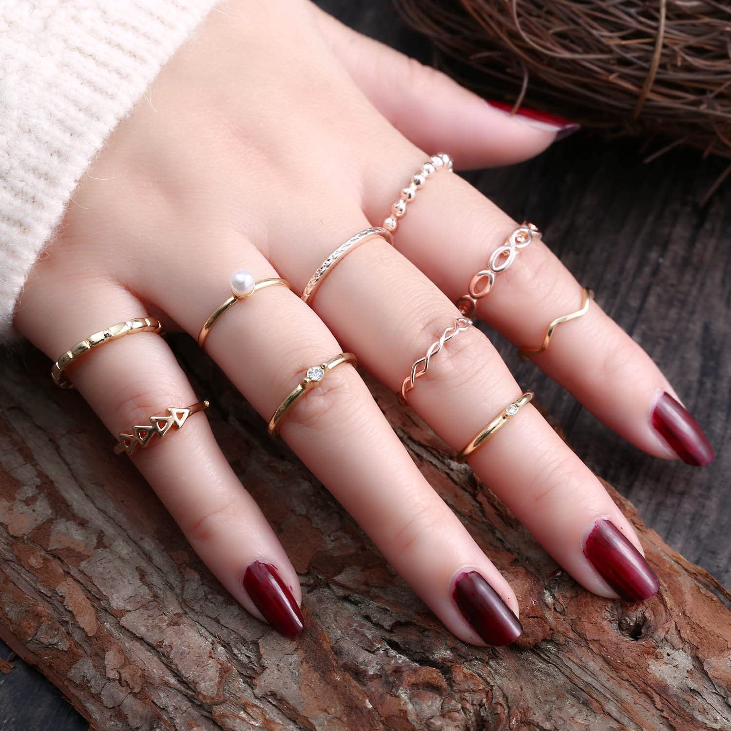 RINHOO FRIENDSHIP 10PCS Bohemian Retro Vintage Crystal Joint Knuckle Ring Sets Finger Rings (Gold)