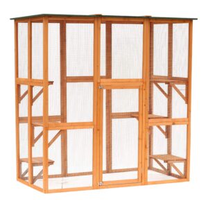 pawhut outdoor cat house big catio wooden feral cat shelter enclosure with large spacious interior, 6 high ledges, weather protection asphalt roof, 71" l, orange