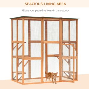 PawHut Outdoor Cat House Big Catio Wooden Feral Cat Shelter Enclosure with Large Spacious Interior, 6 High Ledges, Weather Protection Asphalt Roof, 71" L, Orange