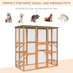 PawHut Outdoor Cat House Big Catio Wooden Feral Cat Shelter Enclosure with Large Spacious Interior, 6 High Ledges, Weather Protection Asphalt Roof, 71" L, Orange