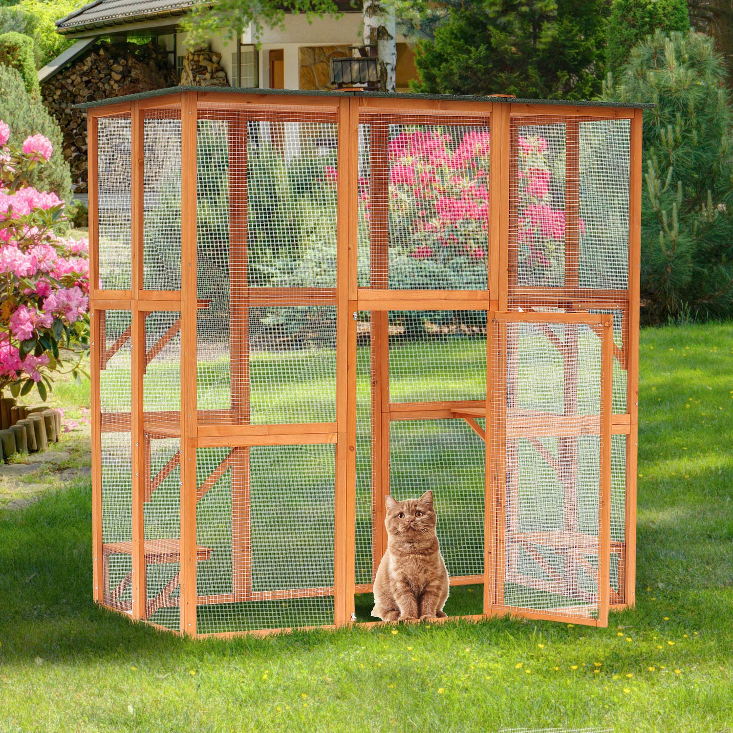 PawHut Outdoor Cat House Big Catio Wooden Feral Cat Shelter Enclosure with Large Spacious Interior, 6 High Ledges, Weather Protection Asphalt Roof, 71" L, Orange