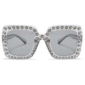 Armear Trendy Rhinestone Square Sunglasses Women Oversized Crystal Frame Gradient Lens Eyeglasses Silver 67mm