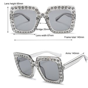 Armear Trendy Rhinestone Square Sunglasses Women Oversized Crystal Frame Gradient Lens Eyeglasses Silver 67mm