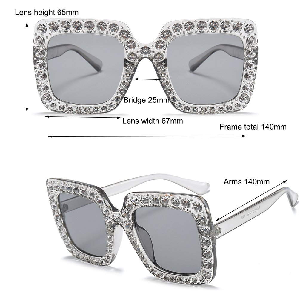 Armear Trendy Rhinestone Square Sunglasses Women Oversized Crystal Frame Gradient Lens Eyeglasses Silver 67mm