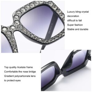 Armear Trendy Rhinestone Square Sunglasses Women Oversized Crystal Frame Gradient Lens Eyeglasses Silver 67mm