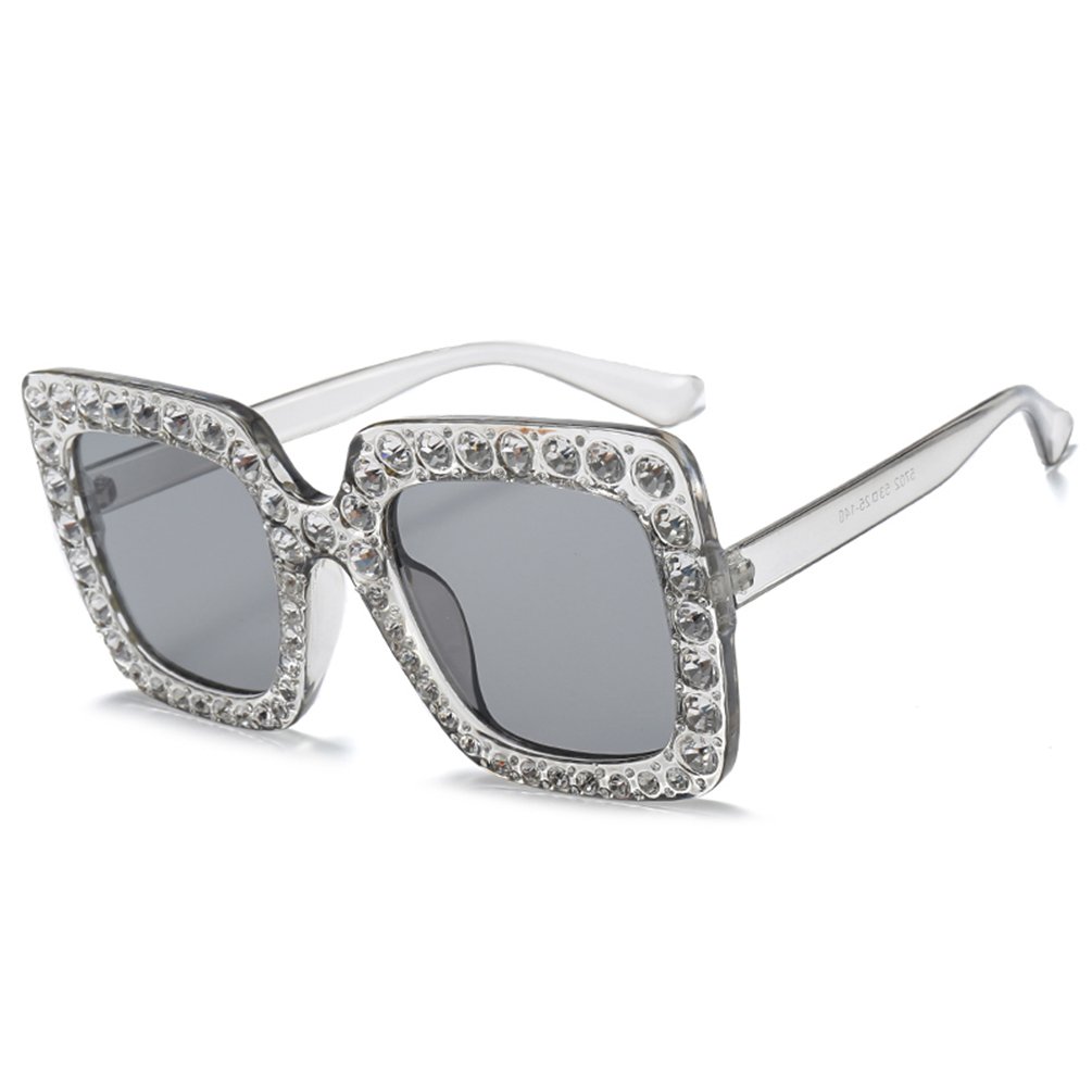 Armear Trendy Rhinestone Square Sunglasses Women Oversized Crystal Frame Gradient Lens Eyeglasses Silver 67mm