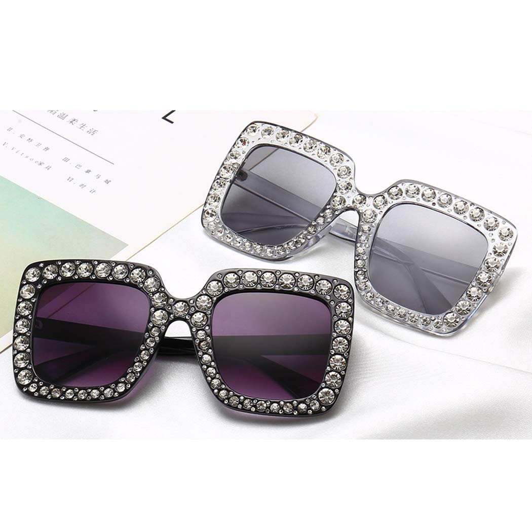 Armear Trendy Rhinestone Square Sunglasses Women Oversized Crystal Frame Gradient Lens Eyeglasses Silver 67mm