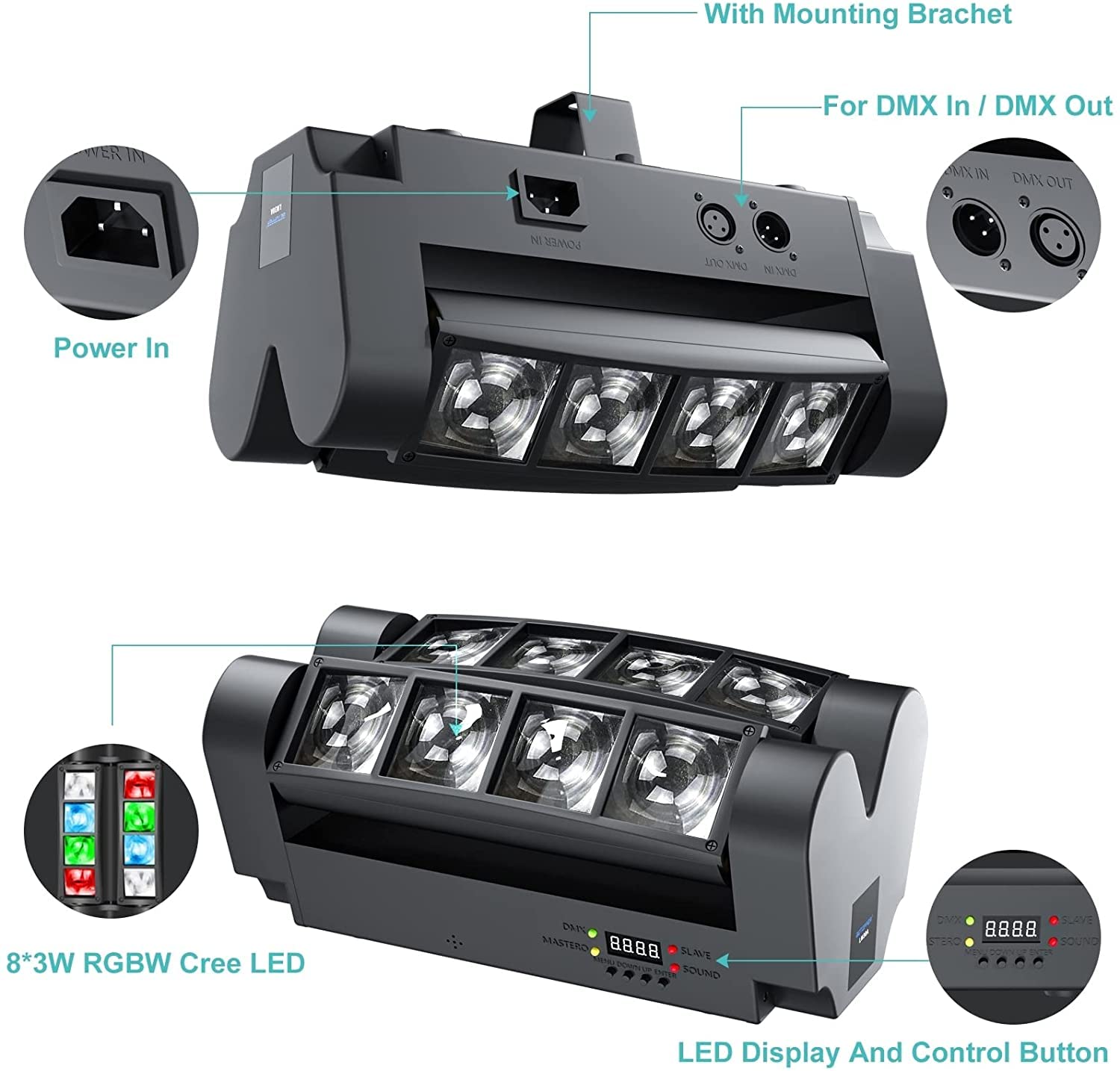 Seven Stars Moving Head DJ Light, 8 Beams Spider LED Stage Light, Master-Slave/DMX/Sound/Auto Control Modes, RGBW 4 in 1 Spotlighting for Wedding, Karaoke, Disco, Light Show and Events(1 Packs)