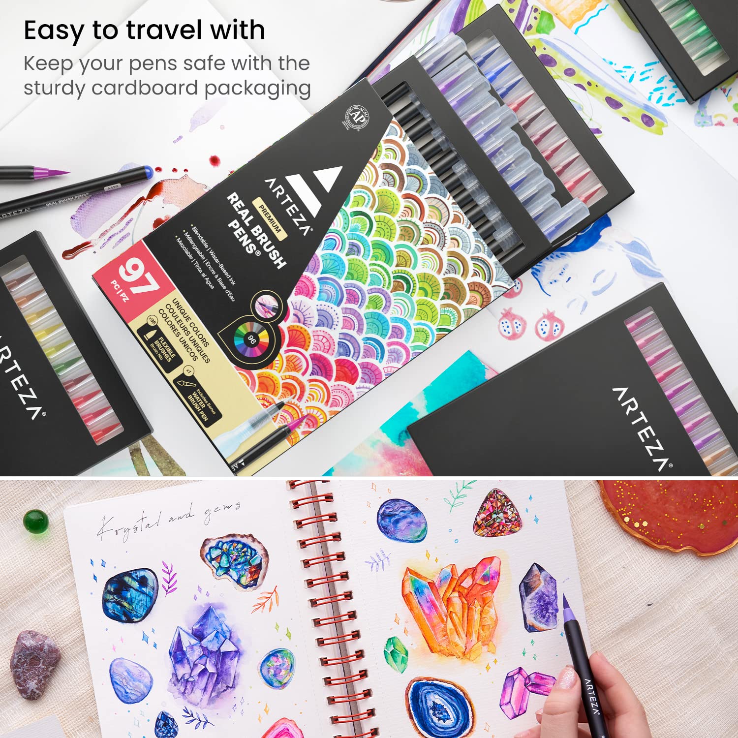 ARTEZA Real Brush Pens, 96 Watercolor Pens, Drawing Markers with Flexible Brush Tips, Watercolor Markers for Artists, and Beginners