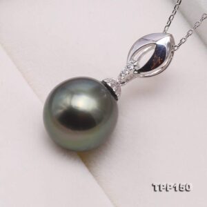 JYX Pearl 18K Gold Tahitian Pendant AAA 12mm Round Peacock Green Tahitian Cultured Pearl Pendant Necklace for Womens