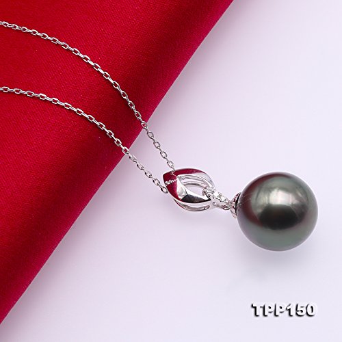 JYX Pearl 18K Gold Tahitian Pendant AAA 12mm Round Peacock Green Tahitian Cultured Pearl Pendant Necklace for Womens