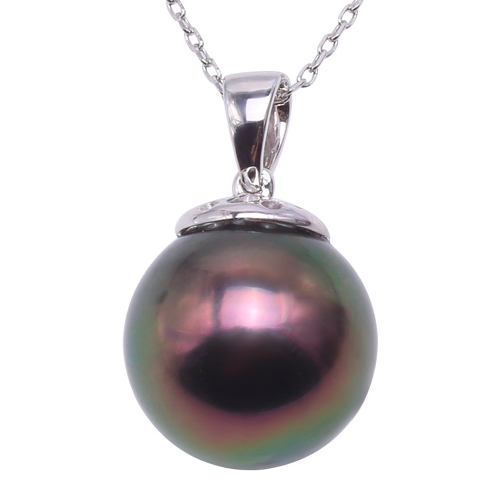 JYX Pearl 18K White Gold Pendant Necklace AAA 12mm Round Peacock Green Tahitian Pearl Pendant Necklace for Womens