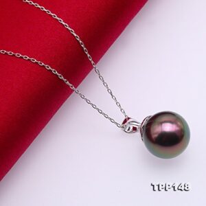 JYX Pearl 18K White Gold Pendant Necklace AAA 12mm Round Peacock Green Tahitian Pearl Pendant Necklace for Womens