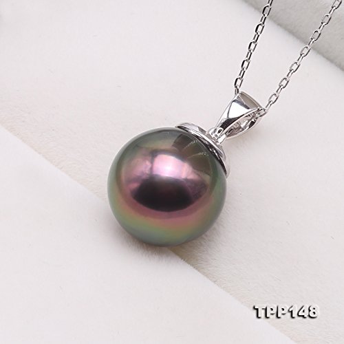 JYX Pearl 18K White Gold Pendant Necklace AAA 12mm Round Peacock Green Tahitian Pearl Pendant Necklace for Womens