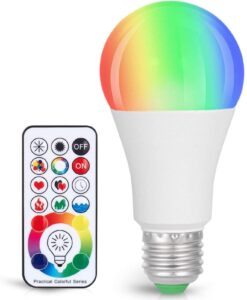 sunnest led color changing light bulb, 900lm dimmable e26 10w (60w equivalent) rgbw, mood light bulb with timing remote, 120 colors screw base lights for home decor, bedroom, stage, party