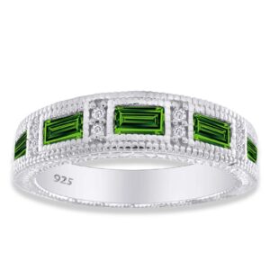 AFFY Emerald Shape Simulated Green Emerald Eternity Band Ring in 14K White Gold Over Sterling Silver, Ring Size: 9.5