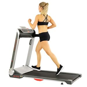 Sunny Health & Fitness Electric Slim Folding Running Treadmill with Wide Belt, Tablet Holder, Speakers, 250 lb Max Weight, No Assembly - Strider, SF-T7718, Gray