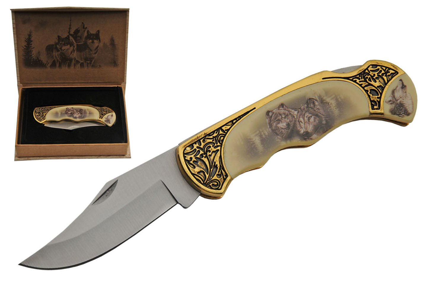 SZCO Supplies Wolf Gift Box Folding Knife, Yellow