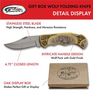 SZCO Supplies Wolf Gift Box Folding Knife, Yellow