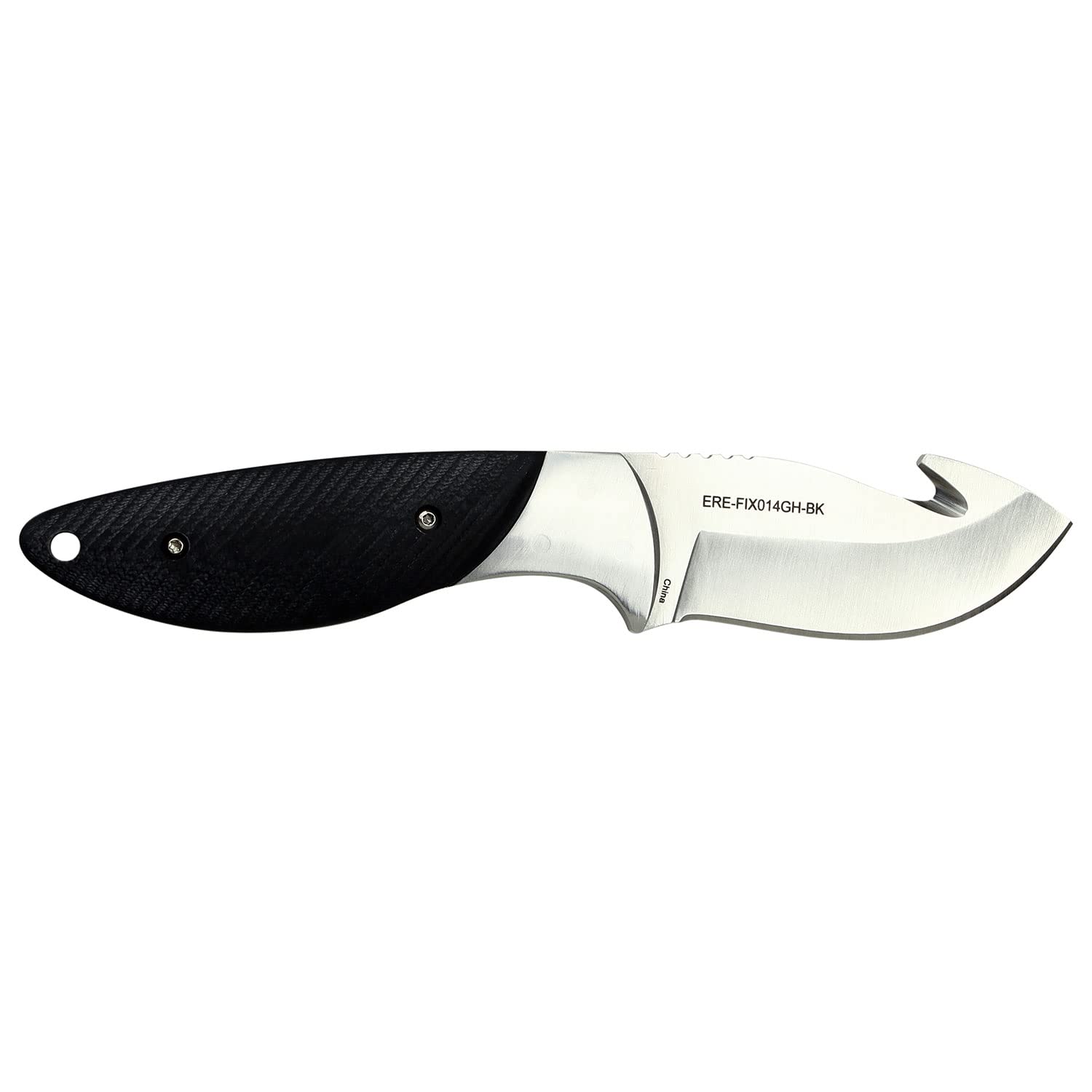 Elk Ridge Evolution - Outdoors Fixed Blade Hunting Knife - Satin Finish Drop Point Blade with Gut Hook, Black G10 Handle, and Leather Sheath - ERE-FIX014GH-BK