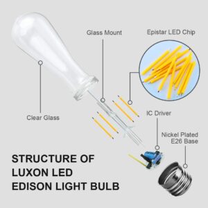 LUXON LED Edison Bulb Dimmable Vintage Style Light Bulbs 6W 5500K - 6000K Bright Daylight White E26/E27 Base 6-Pack Antique Bulb