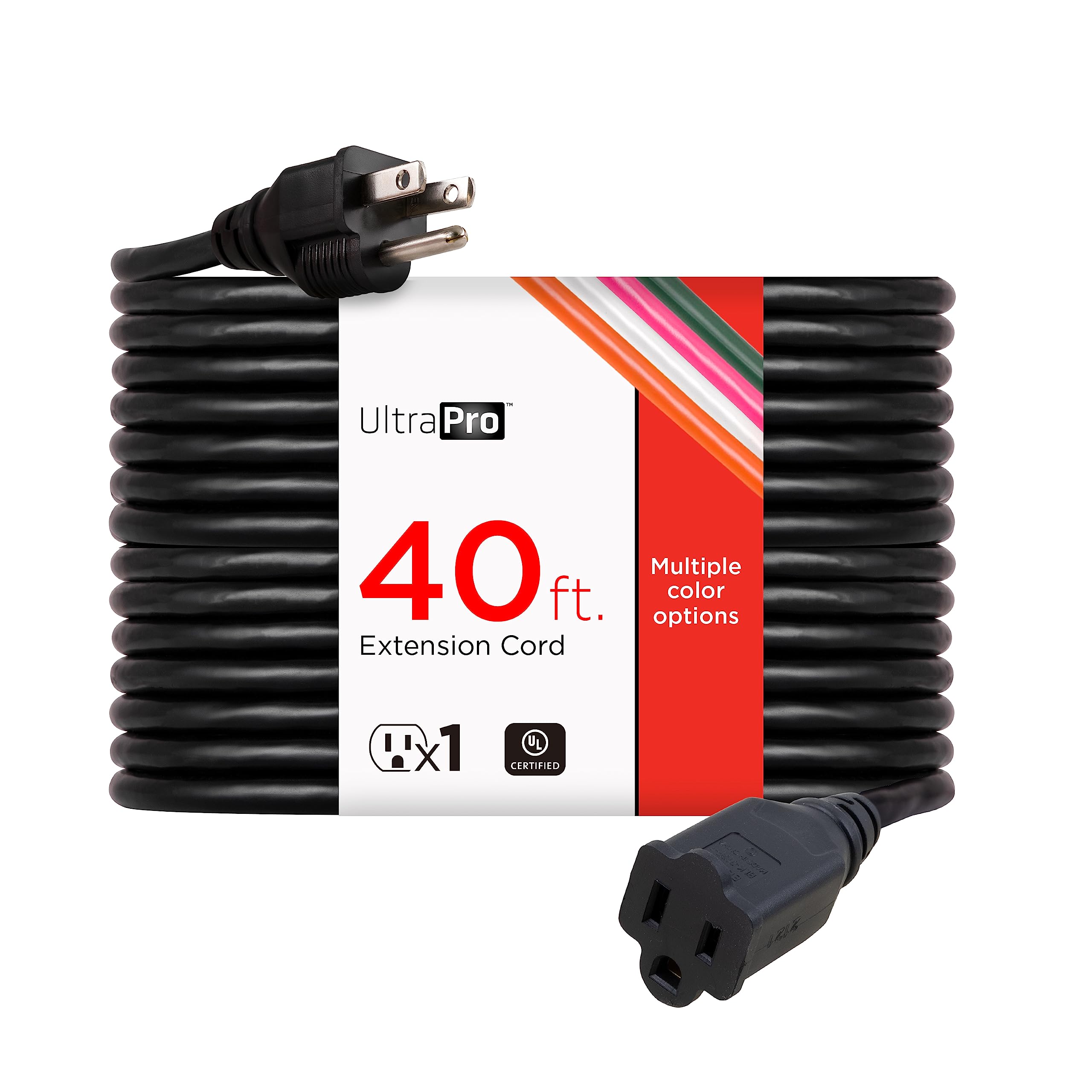 UltraPro Outdoor Extension Cord, 40 Ft, Heavy Duty Extension Cord, Double Insulated, Grounded, 16 Gauge, 3 Prong Extension Cords, General Purpose Long Extension Cord, UL Listed, Black, 36826