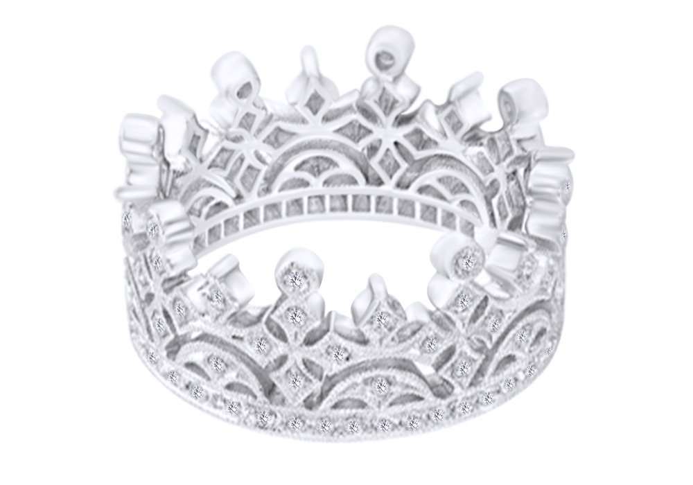 AFFY Royal Style Round Shape White Cubic Zirconia Crown Ring in 14K White Gold Over Sterling Silver, Ring Size: 6.5