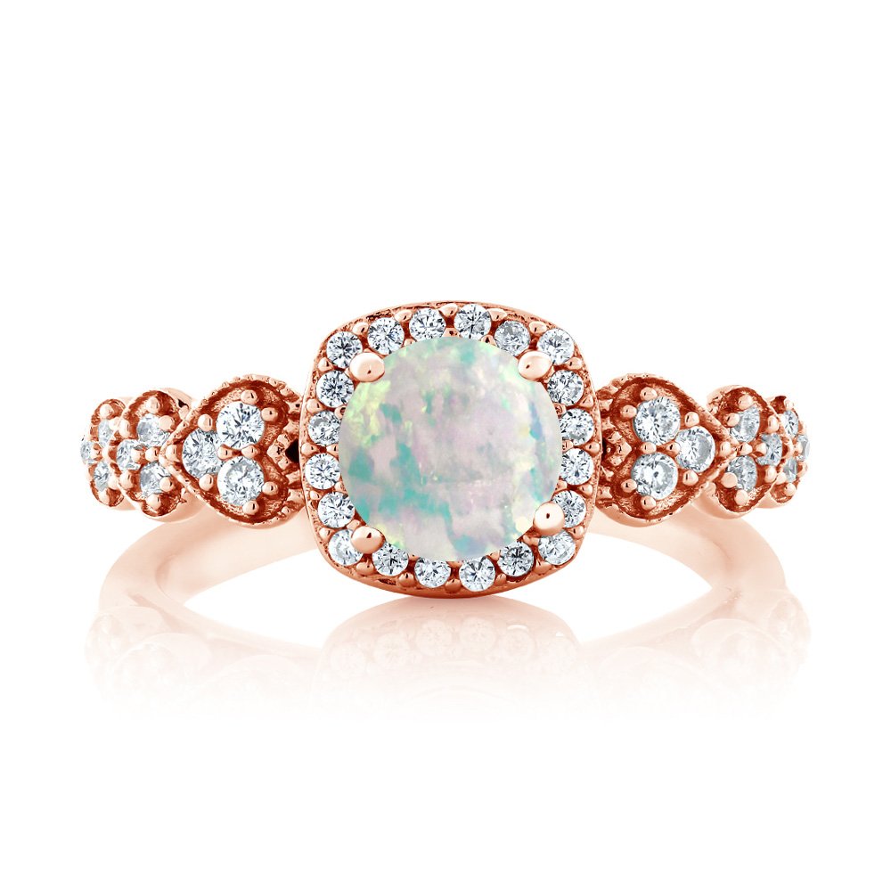 Gem Stone King 18K Rose Gold Plated Sterling Silver White Simulated Opal Engagement Anniversary Ring For Women (0.62 Cttw, Round Cut 6MM, Gemstone Birthstone, Available In Size 5, 6, 7, 8, 9)