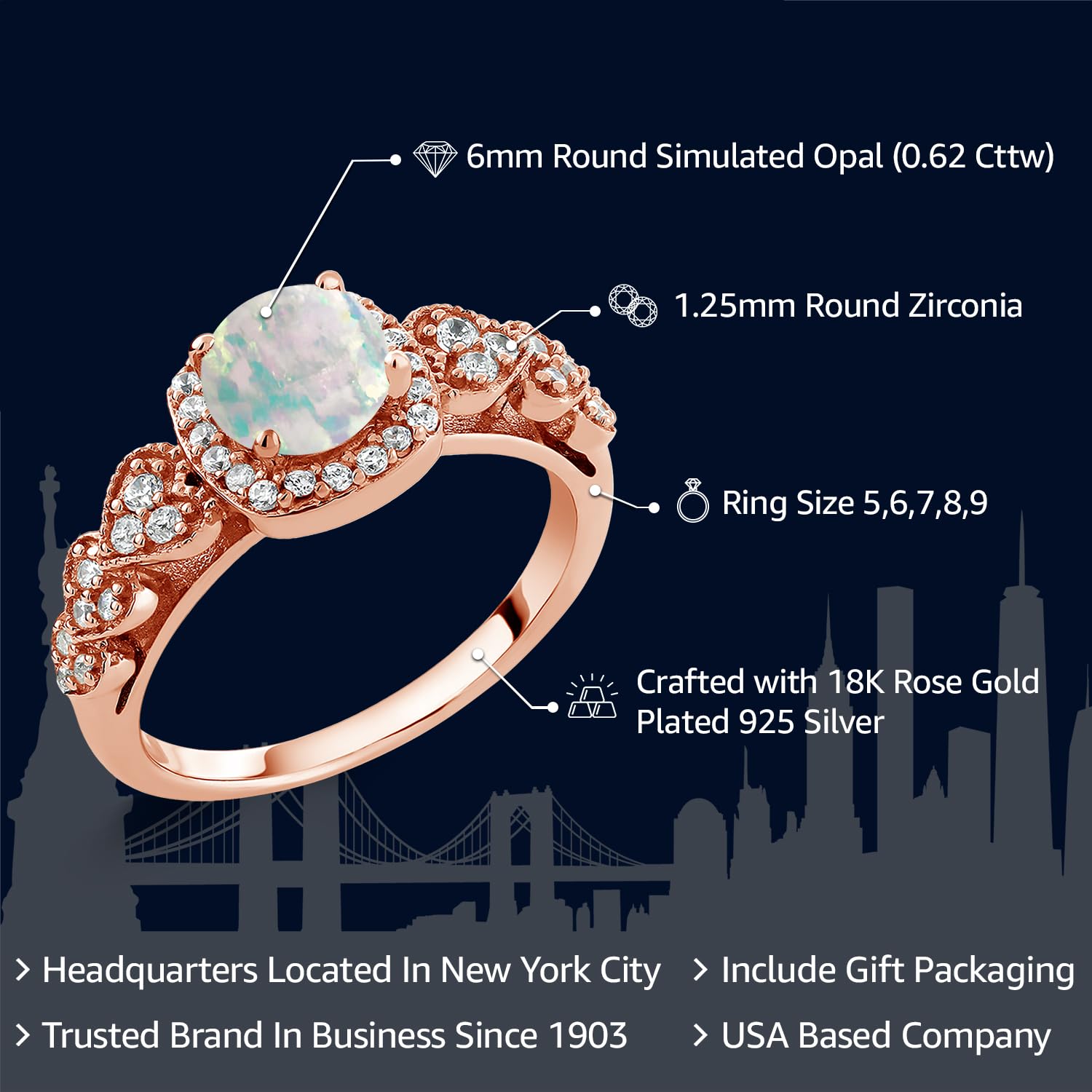 Gem Stone King 18K Rose Gold Plated Sterling Silver White Simulated Opal Engagement Anniversary Ring For Women (0.62 Cttw, Round Cut 6MM, Gemstone Birthstone, Available In Size 5, 6, 7, 8, 9)