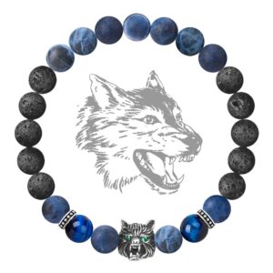 Karseer Viking Wolf Spirit Bracelet with Blue Sodalite and Black Lava Rock Beads, Natural Stone Chakra Jewelry for Emotional Support and Essential Oil Diffusion, Unisex Gift